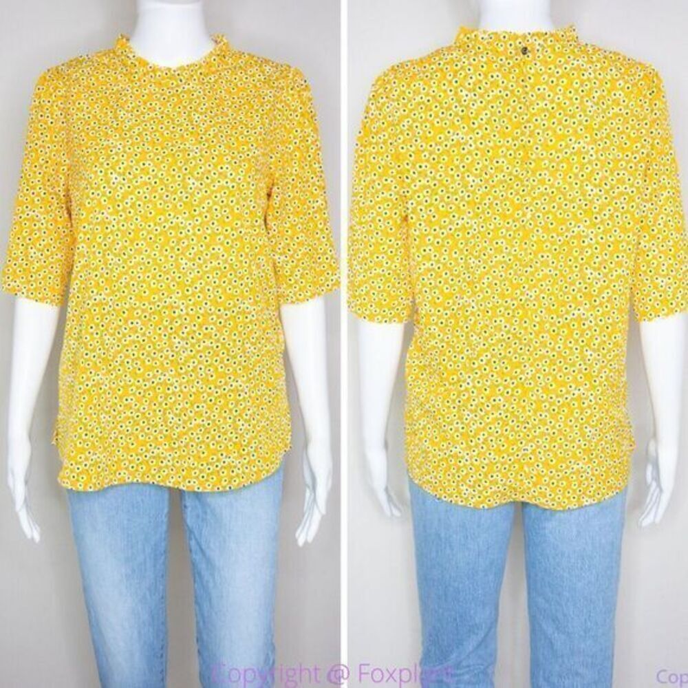 Carolina Belle yellow floral print blouse‎ ruffle crewneck, size M
